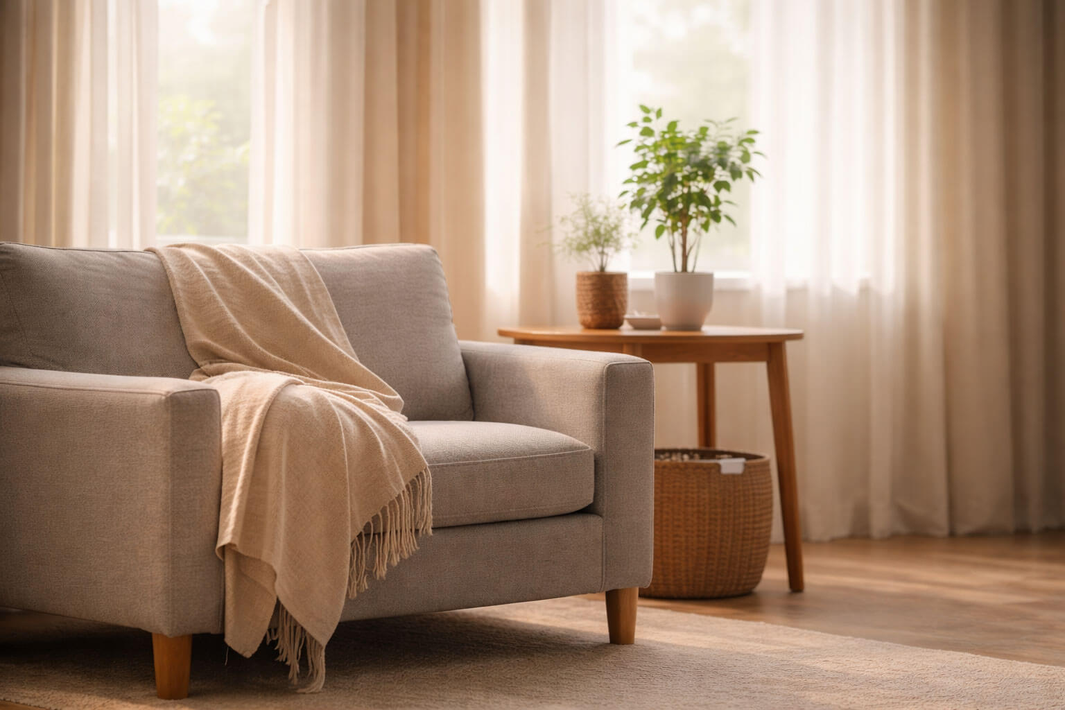 Grief Support Space – Thanatology Services Calm living room with chair by window, soft natural light, representing a safe and supportive space for grief and reflection